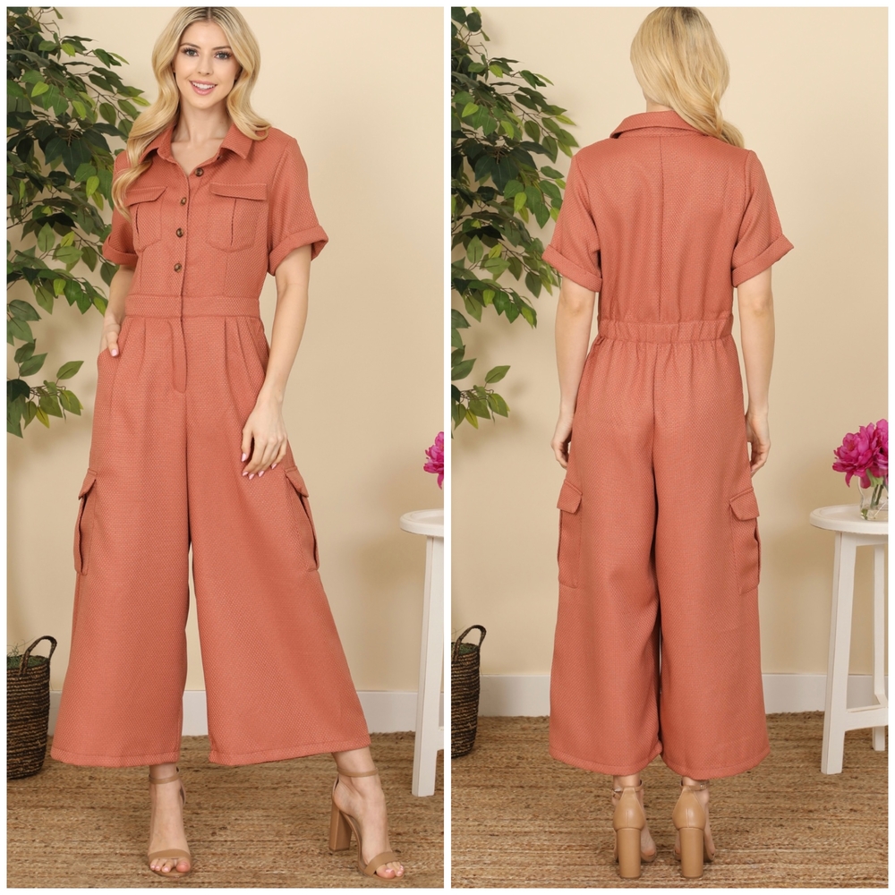 Women's Rust Color Utility Chic Jumpsuit - Picture 3 of 7
